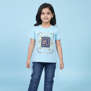 💙 Girls Sky Blue Graphic T-Shirt & Denim Jeans Set | Premium Casual Wear ✨