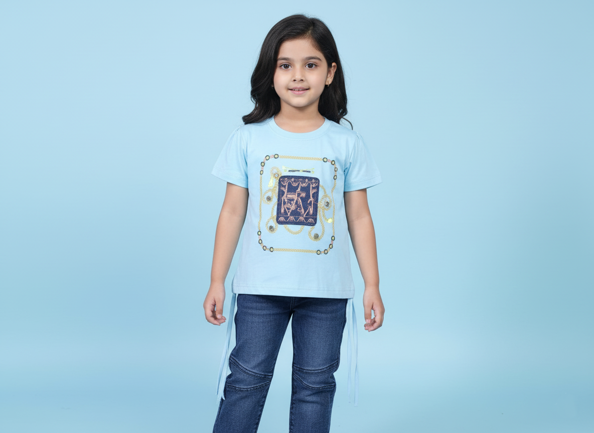 ๐ Girls Sky Blue Graphic T-Shirt & Denim Jeans Set | Premium Casual Wear โจ