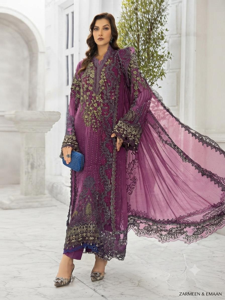 Zarmeen Emaan Premium Embroidered Lawn 3 Piece Unstitched Suit ZE - 755 | Najma Javaid