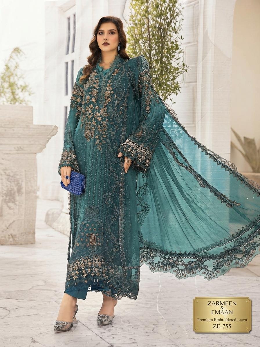 Zarmeen Emaan Premium Embroidered Lawn 3 Piece Unstitched Suit ZE - 755 | Najma Javaid
