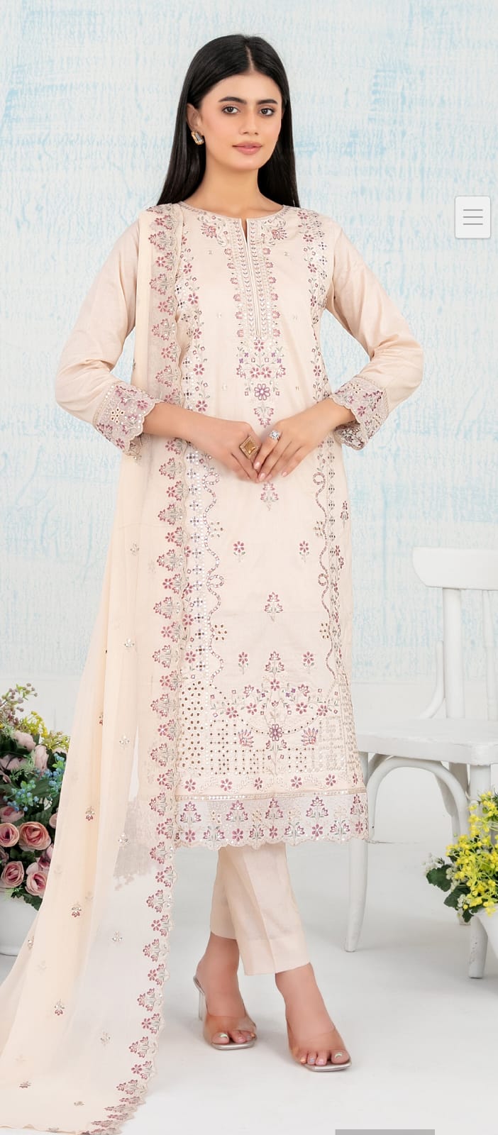 Tawakal Inflorals Fancy Embroidery Lawn with Chiffon Dupatta 3 Piece Unstitched