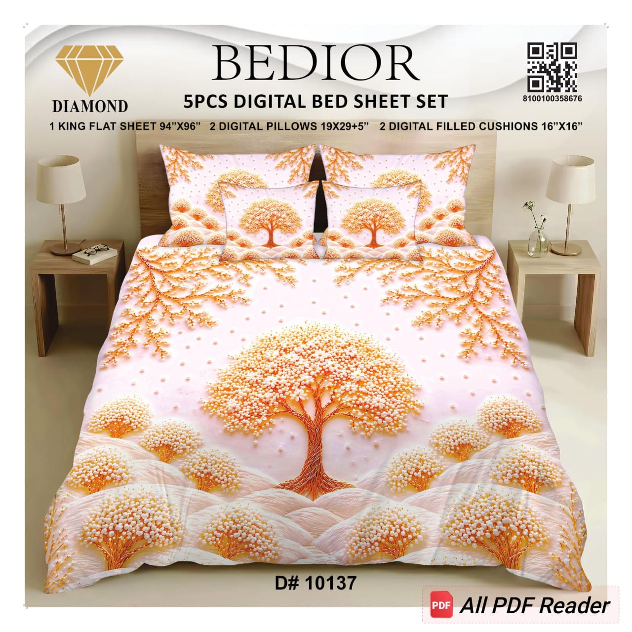 Najma Javaid Bedior 5 Piece Diamond Digital King Size Bed Sheet Set