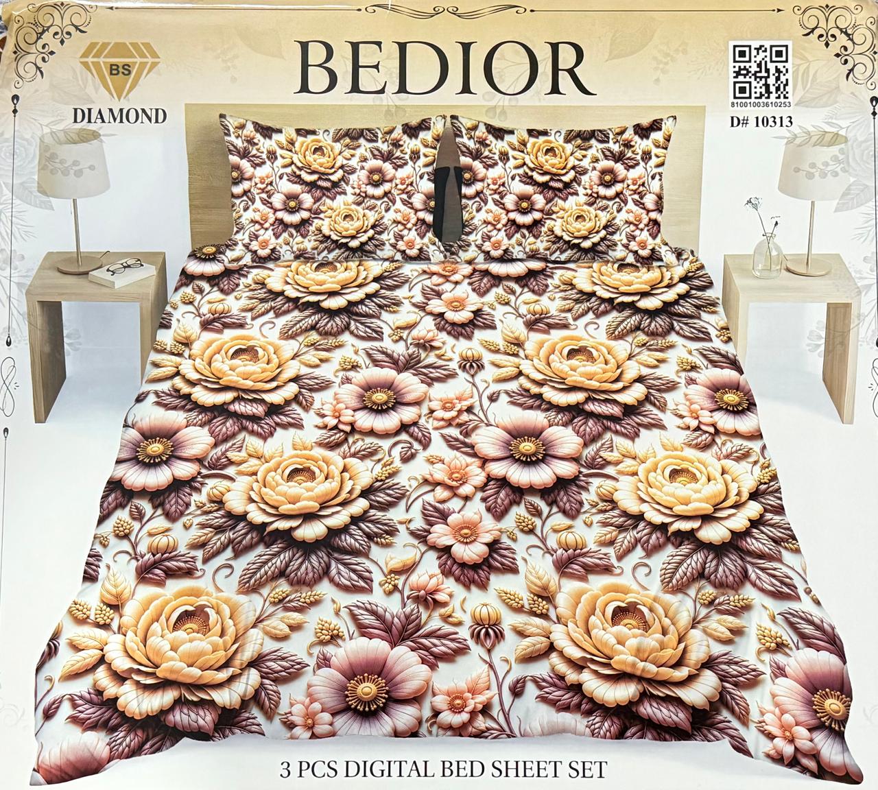 Diamond Crystal 3D Digital Printed King Size Bed Sheet