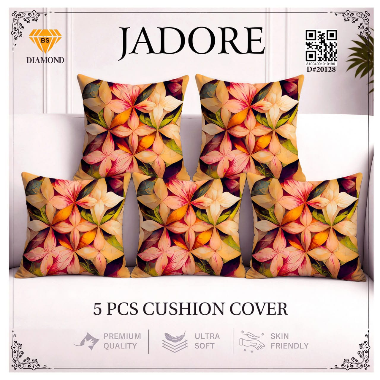 Jadore Diamond 5 Pcs Premium Digital Printed Cushion Cover Set