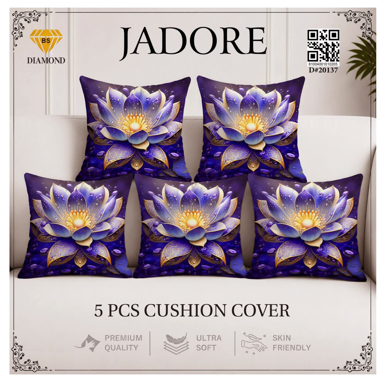 Jadore Diamond 5 Pcs Premium Digital Printed Cushion Cover Set