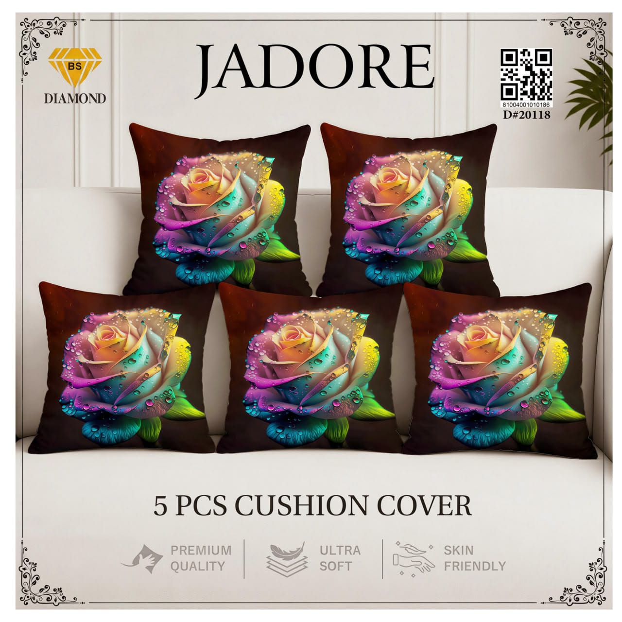 Jadore Diamond 5 Pcs Premium Digital Printed Cushion Cover Set