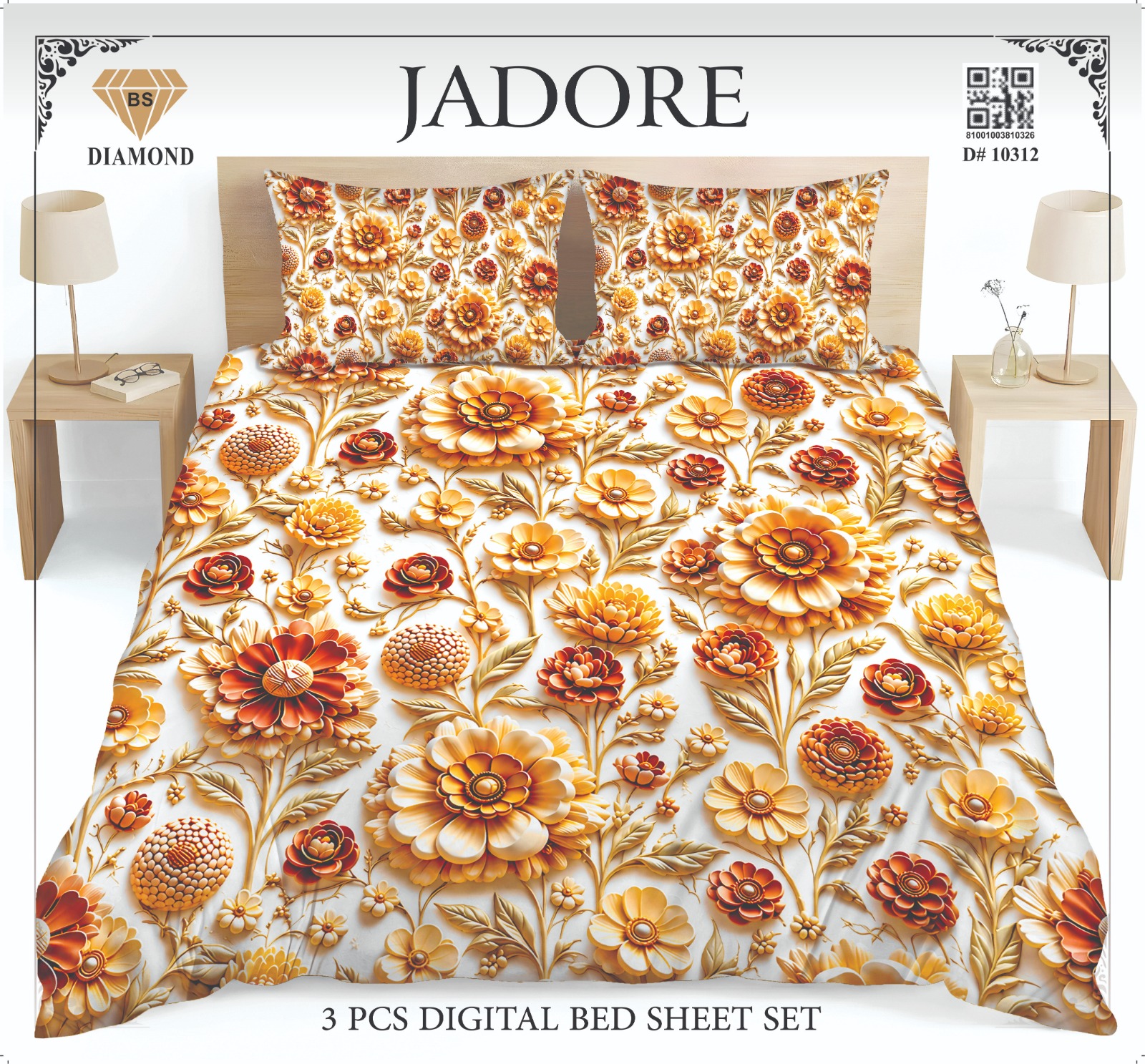 Jadore Diamond 3 Pcs Digital King Size Bed Sheet Set.