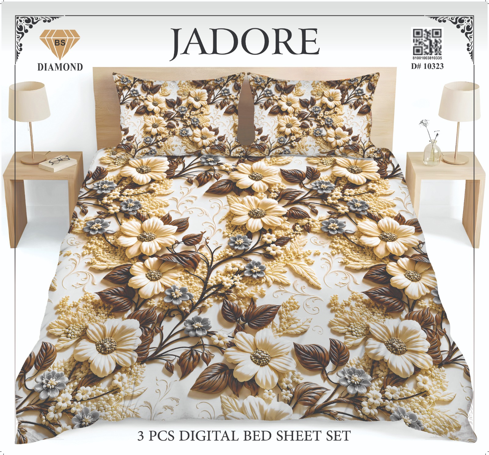 Jadore Diamond 3 Pcs Digital King Size Bed Sheet Set.