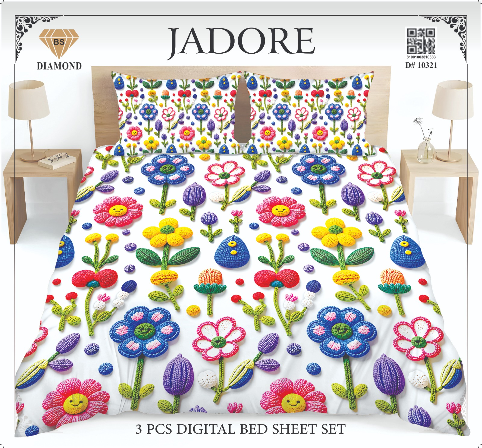 Jadore Diamond 3 Pcs Digital King Size Bed Sheet Set.