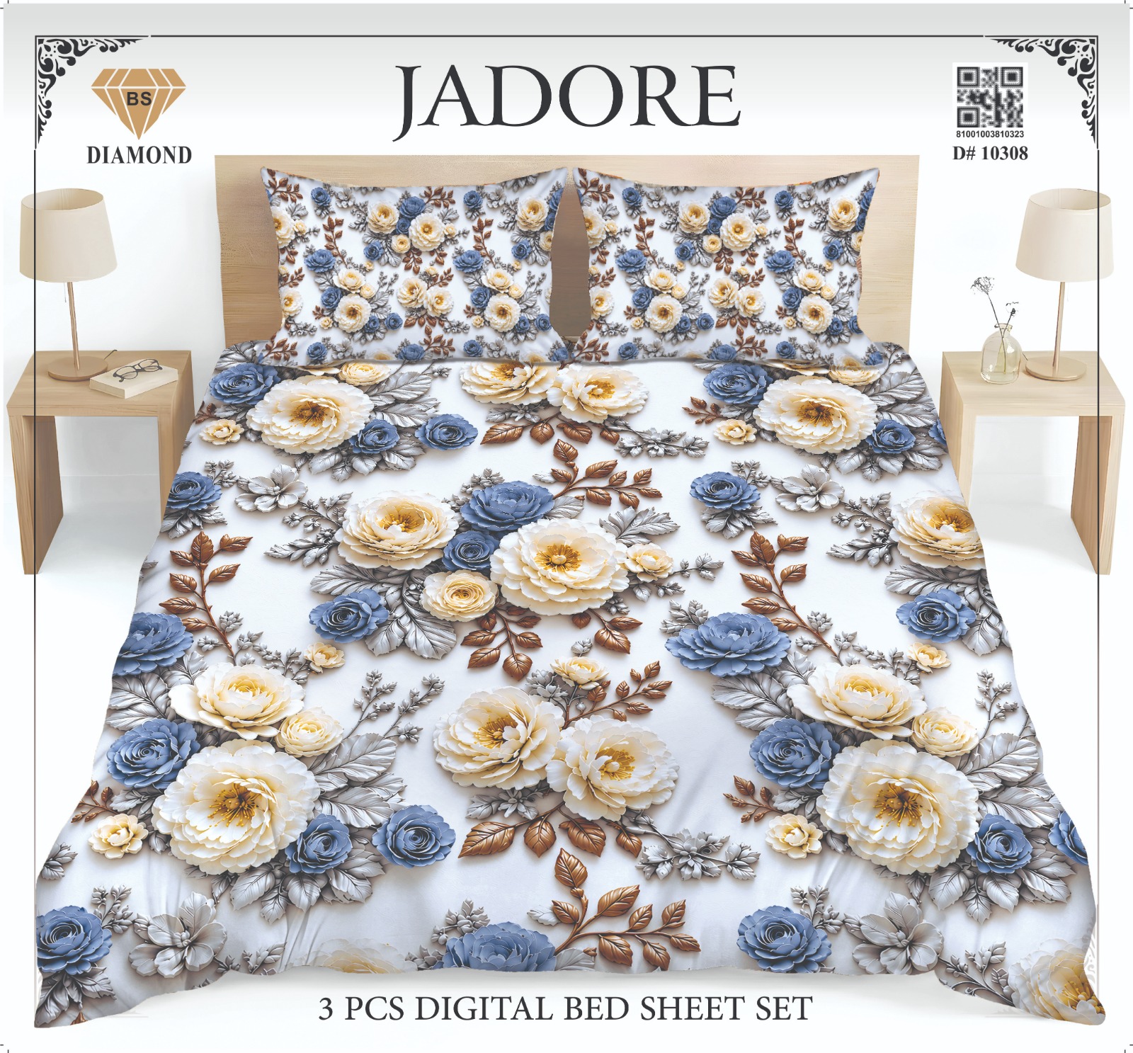 Jadore Diamond 3 Pcs Digital King Size Bed Sheet Set.