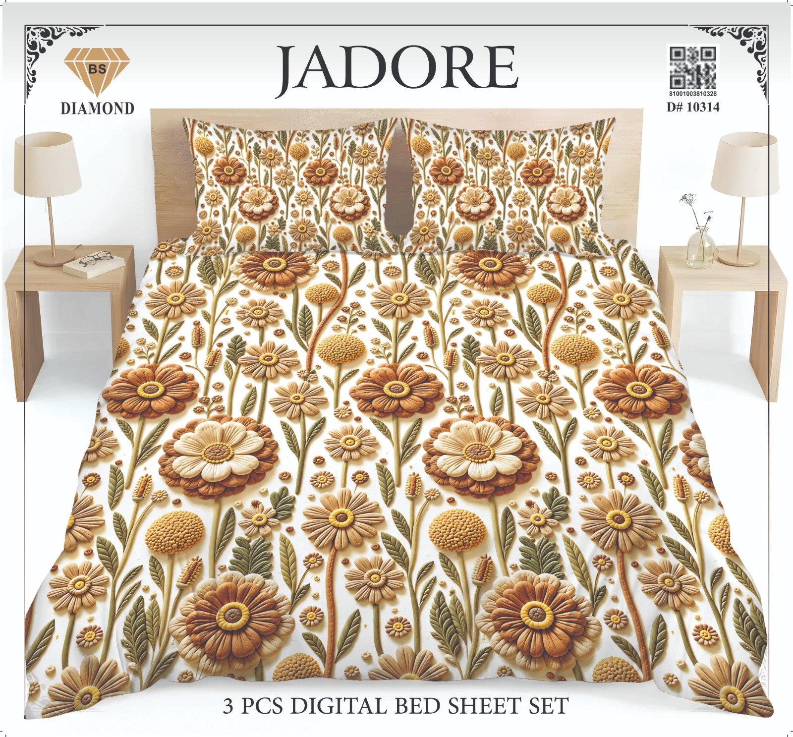 Jadore Diamond 3 Pcs Digital King Size Bed Sheet Set.