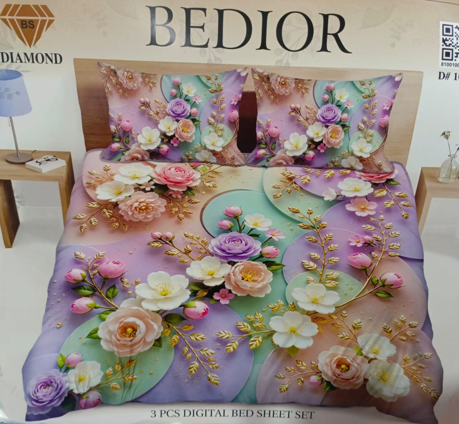 Diamond Crystal 3D Digital Printed King Size Bed Sheet