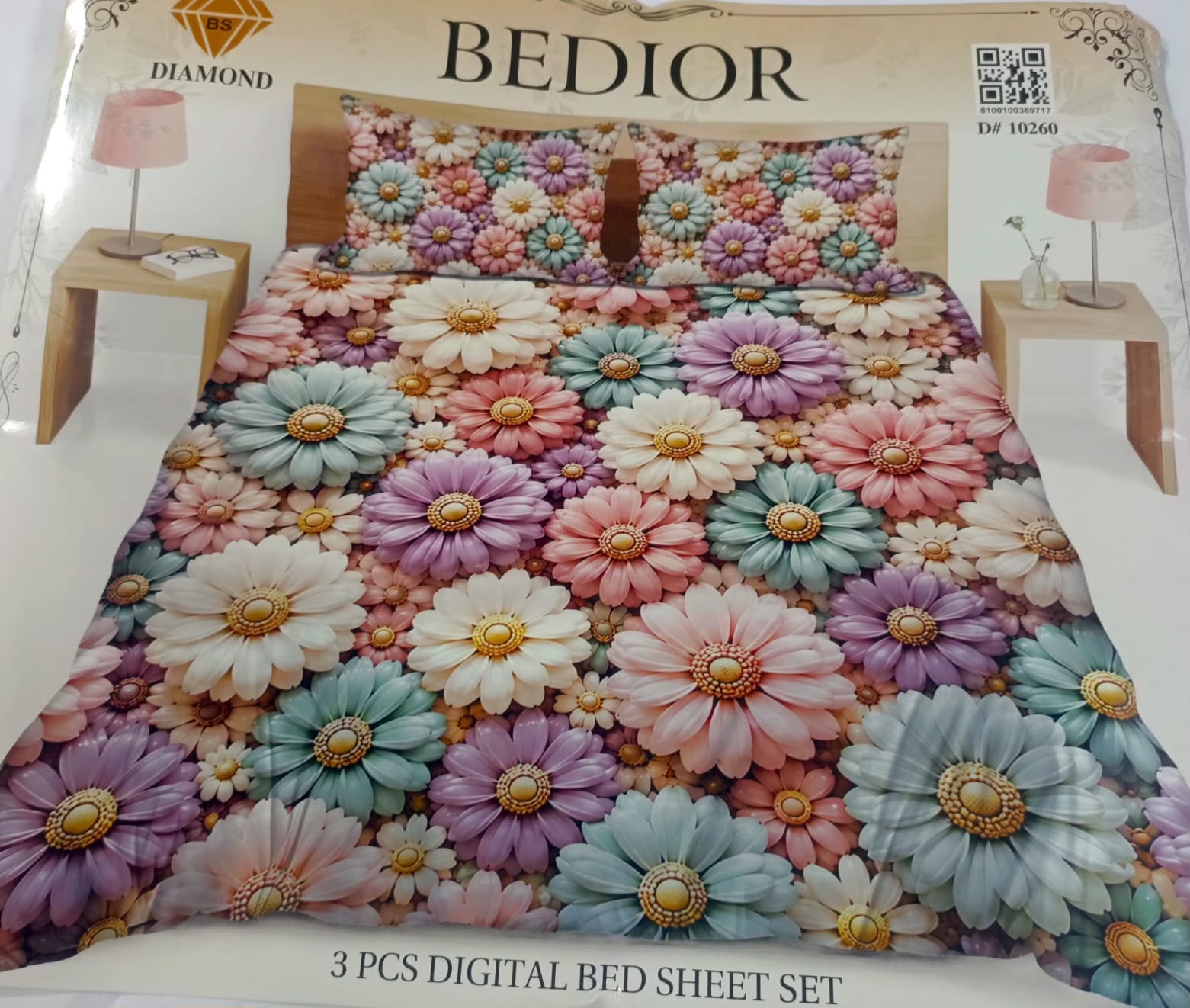 Diamond Crystal 3D Digital Printed King Size Bed Sheet