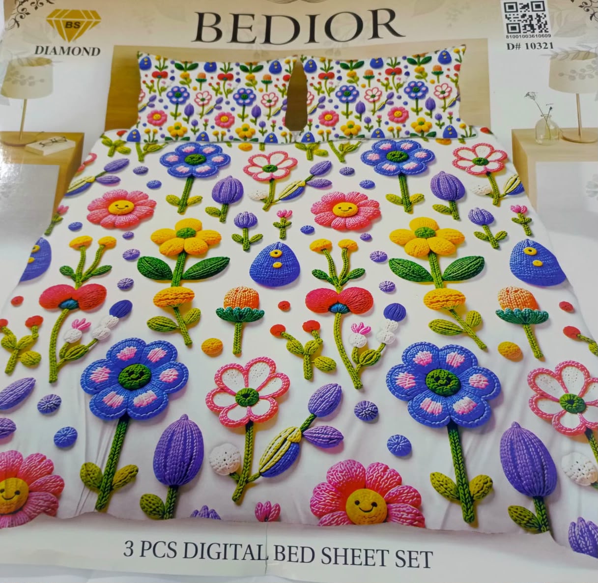Diamond Crystal 3D Digital Printed King Size Bed Sheet